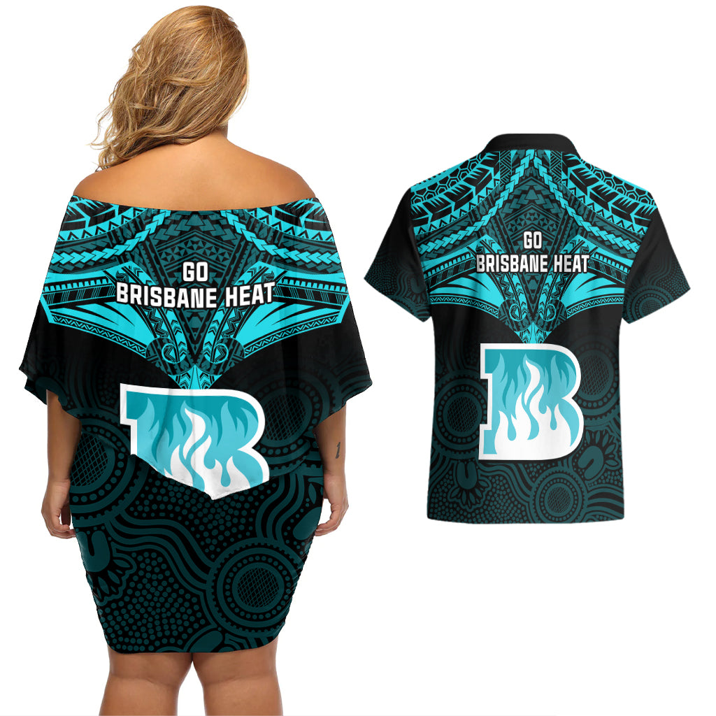 brisbane-heat-cricket-couples-matching-off-shoulder-short-dress-and-hawaiian-shirt-2023-unique-indigenous-art-mix-polynesian-pattern