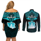 brisbane-heat-cricket-couples-matching-off-shoulder-short-dress-and-long-sleeve-button-shirts-2023-unique-indigenous-art-mix-polynesian-pattern