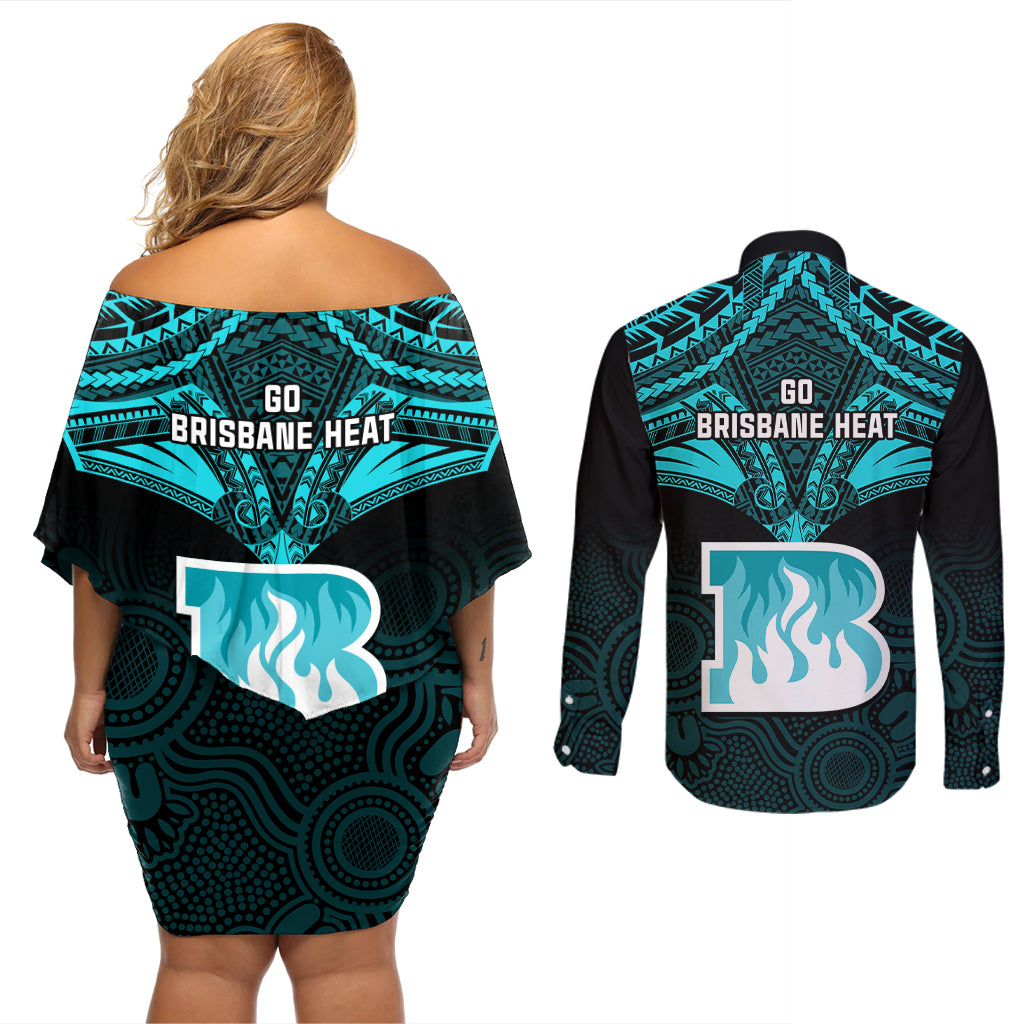 brisbane-heat-cricket-couples-matching-off-shoulder-short-dress-and-long-sleeve-button-shirts-2023-unique-indigenous-art-mix-polynesian-pattern