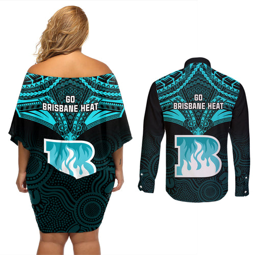 brisbane-heat-cricket-couples-matching-off-shoulder-short-dress-and-long-sleeve-button-shirts-2023-unique-indigenous-art-mix-polynesian-pattern