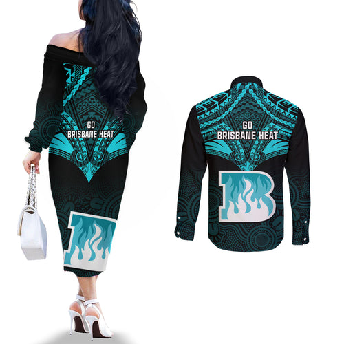 brisbane-heat-cricket-couples-matching-off-the-shoulder-long-sleeve-dress-and-long-sleeve-button-shirts-2023-unique-indigenous-art-mix-polynesian-pattern
