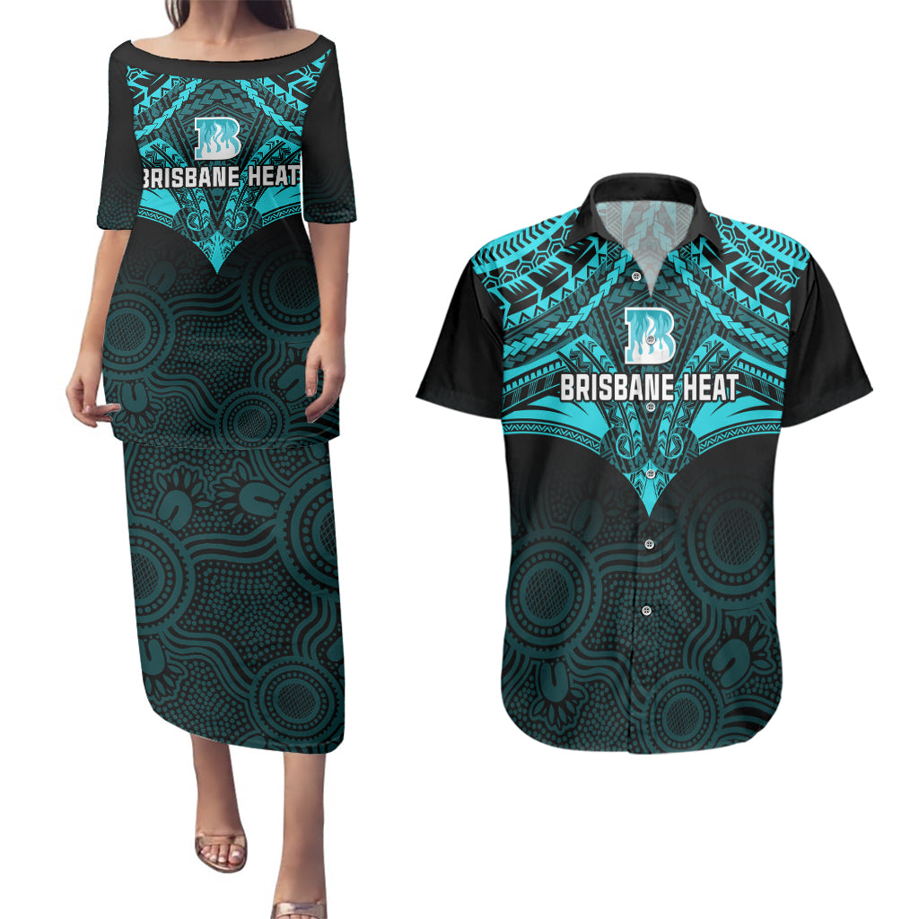 brisbane-heat-cricket-couples-matching-puletasi-dress-and-hawaiian-shirt-2023-unique-indigenous-art-mix-polynesian-pattern
