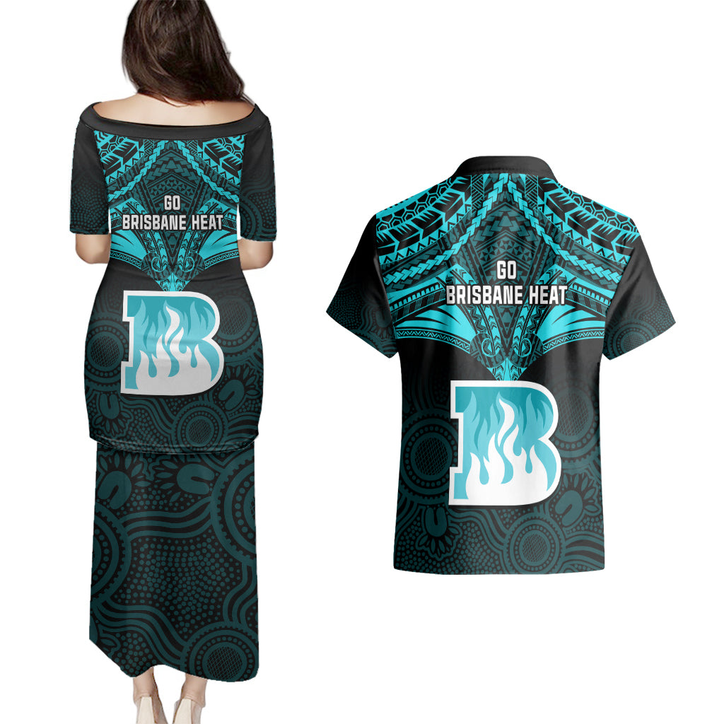 brisbane-heat-cricket-couples-matching-puletasi-dress-and-hawaiian-shirt-2023-unique-indigenous-art-mix-polynesian-pattern