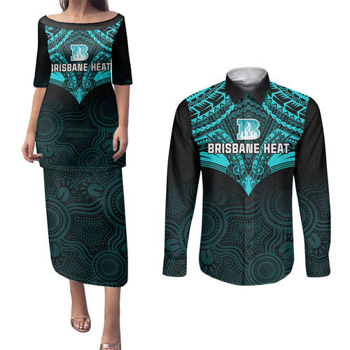 brisbane-heat-cricket-couples-matching-puletasi-dress-and-long-sleeve-button-shirts-2023-unique-indigenous-art-mix-polynesian-pattern
