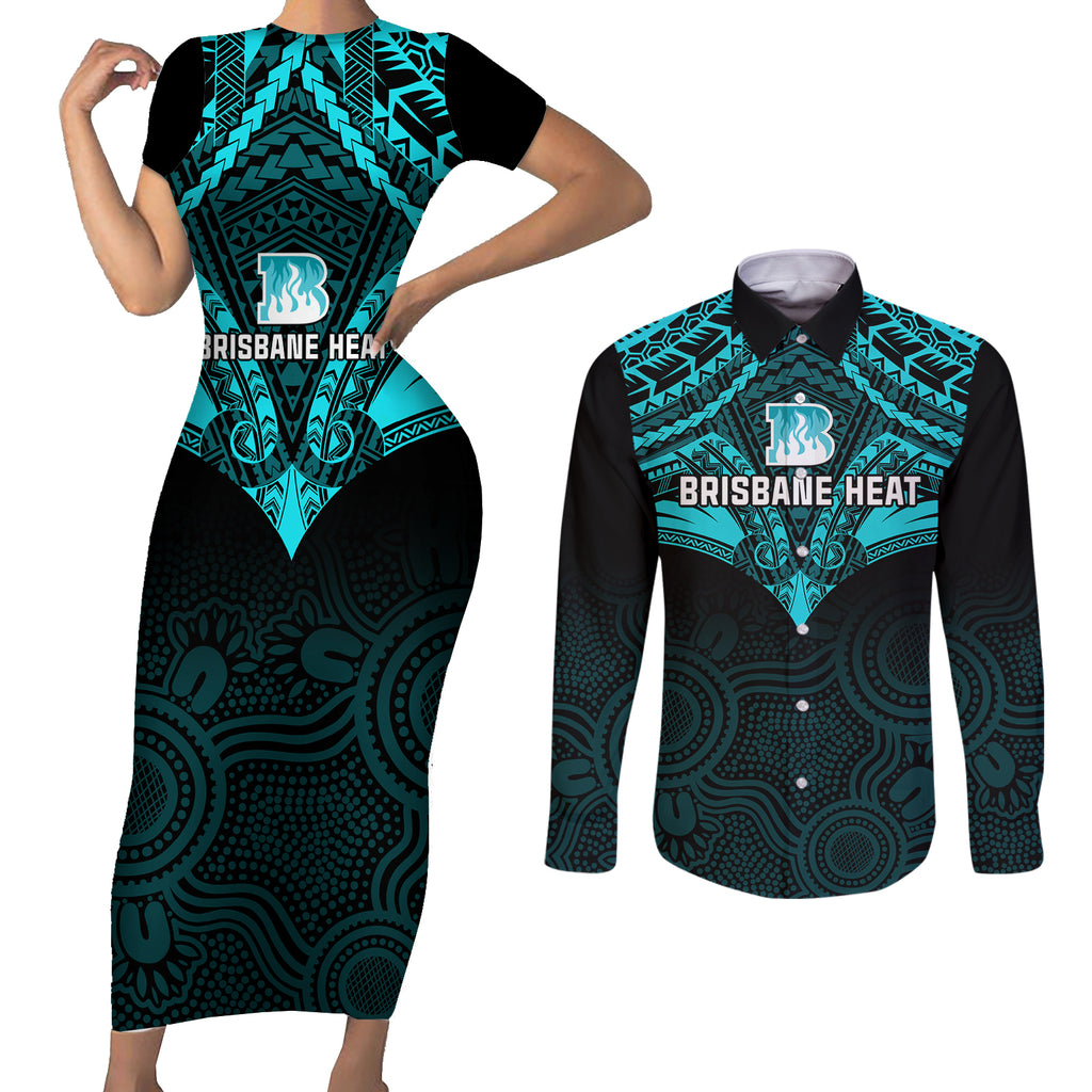 brisbane-heat-cricket-couples-matching-short-sleeve-bodycon-dress-and-long-sleeve-button-shirts-2023-unique-indigenous-art-mix-polynesian-pattern