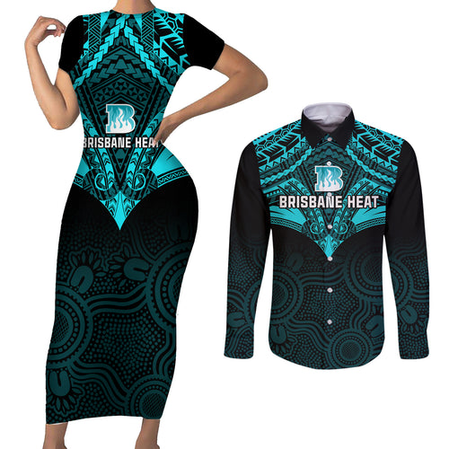 brisbane-heat-cricket-couples-matching-short-sleeve-bodycon-dress-and-long-sleeve-button-shirts-2023-unique-indigenous-art-mix-polynesian-pattern