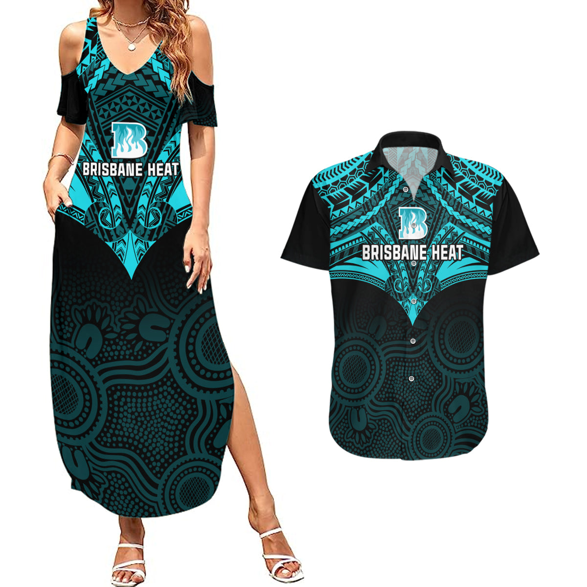 brisbane-heat-cricket-couples-matching-summer-maxi-dress-and-hawaiian-shirt-2023-unique-indigenous-art-mix-polynesian-pattern