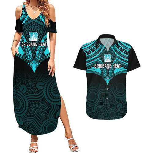 brisbane-heat-cricket-couples-matching-summer-maxi-dress-and-hawaiian-shirt-2023-unique-indigenous-art-mix-polynesian-pattern