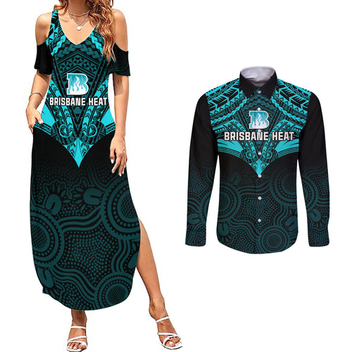 brisbane-heat-cricket-couples-matching-summer-maxi-dress-and-long-sleeve-button-shirts-2023-unique-indigenous-art-mix-polynesian-pattern