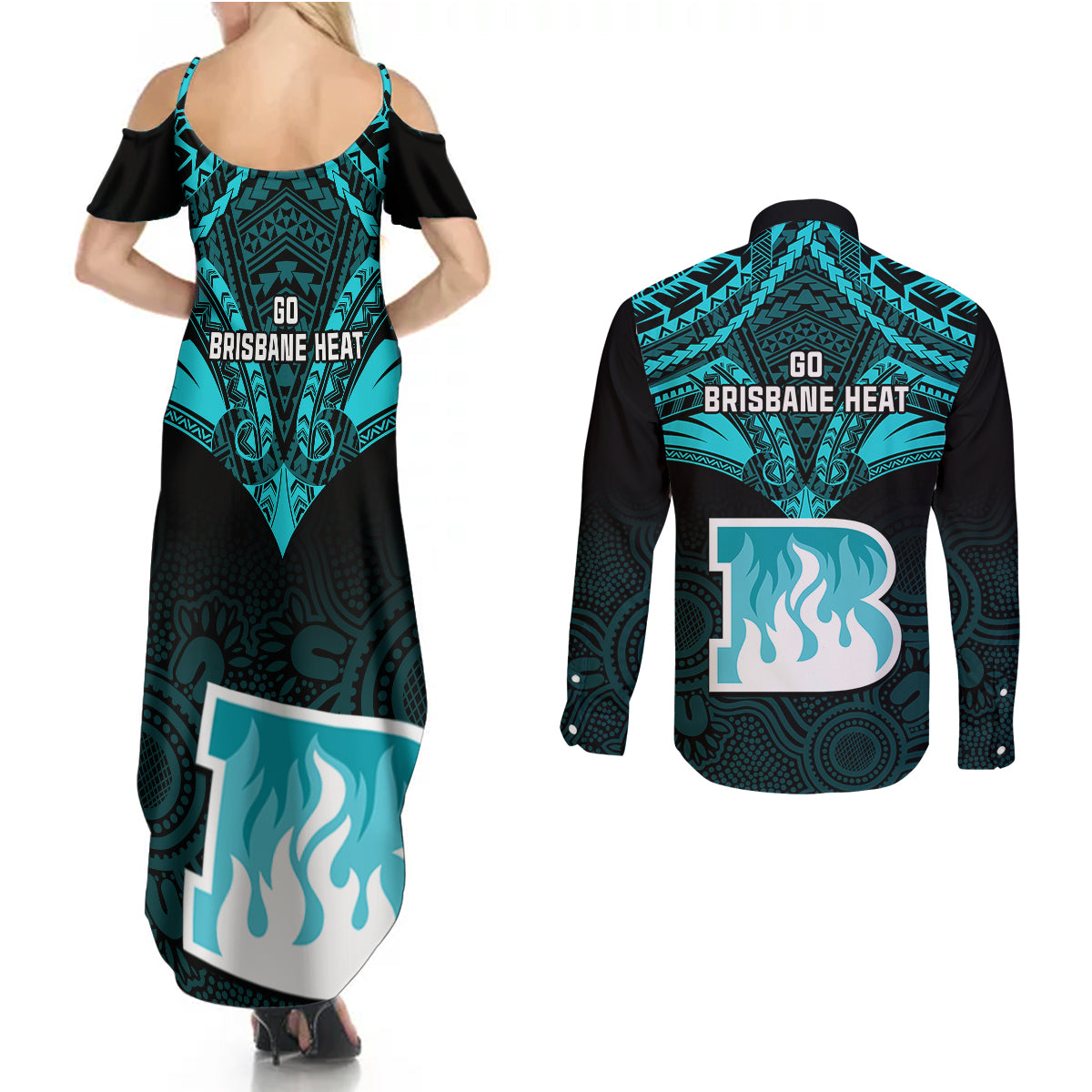 brisbane-heat-cricket-couples-matching-summer-maxi-dress-and-long-sleeve-button-shirts-2023-unique-indigenous-art-mix-polynesian-pattern