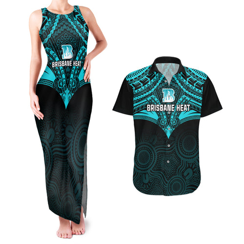 brisbane-heat-cricket-couples-matching-tank-maxi-dress-and-hawaiian-shirt-2023-unique-indigenous-art-mix-polynesian-pattern