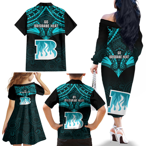 Brisbane Heat Cricket Family Matching Off Shoulder Long Sleeve Dress and Hawaiian Shirt 2023 Unique Indigenous Art Mix Polynesian Pattern LT14