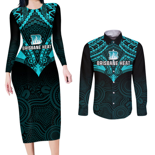 custom-brisbane-heat-cricket-couples-matching-long-sleeve-bodycon-dress-and-long-sleeve-button-shirts-2023-unique-indigenous-art-mix-polynesian-pattern