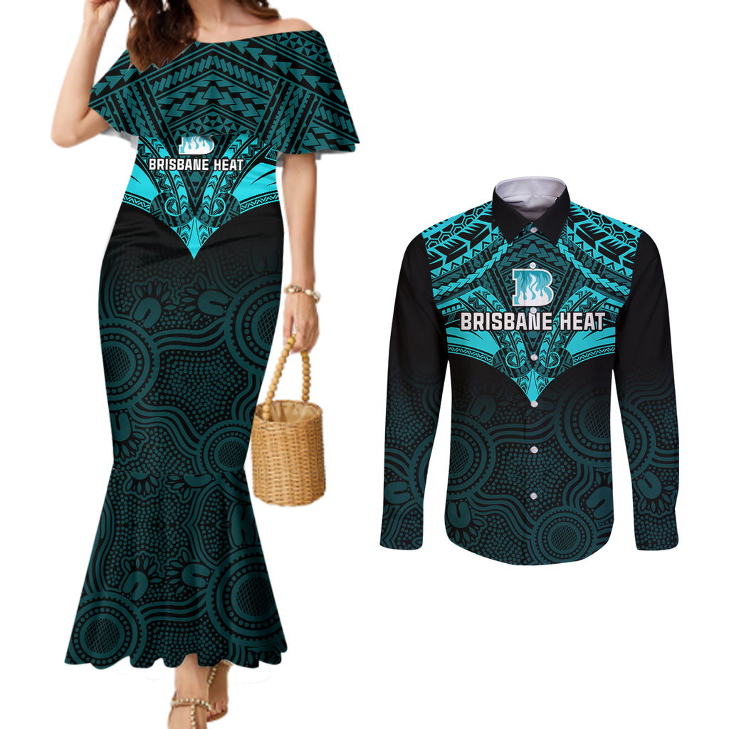 custom-brisbane-heat-cricket-couples-matching-mermaid-dress-and-long-sleeve-button-shirts-2023-unique-indigenous-art-mix-polynesian-pattern