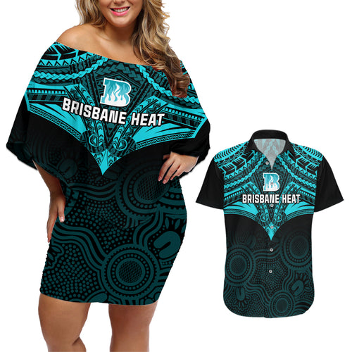 custom-brisbane-heat-cricket-couples-matching-off-shoulder-short-dress-and-hawaiian-shirt-2023-unique-indigenous-art-mix-polynesian-pattern