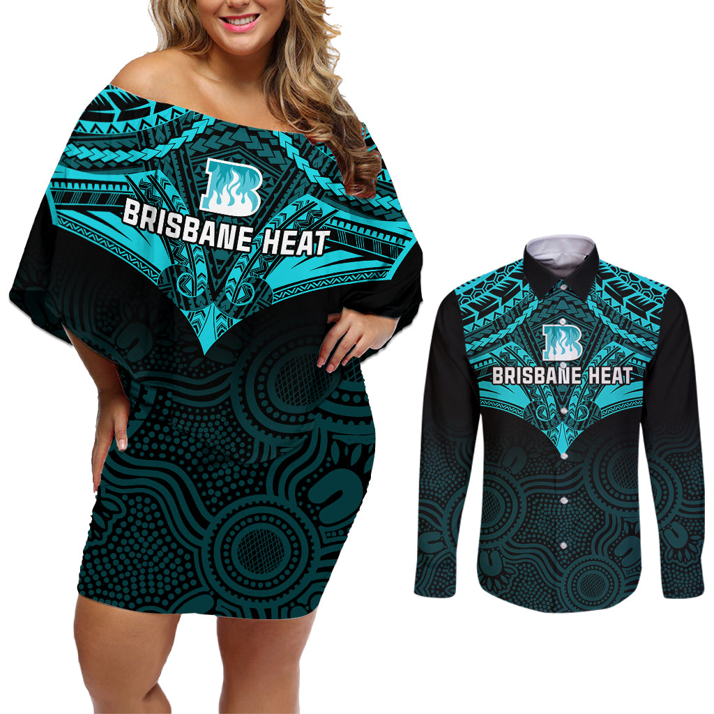custom-brisbane-heat-cricket-couples-matching-off-shoulder-short-dress-and-long-sleeve-button-shirts-2023-unique-indigenous-art-mix-polynesian-pattern
