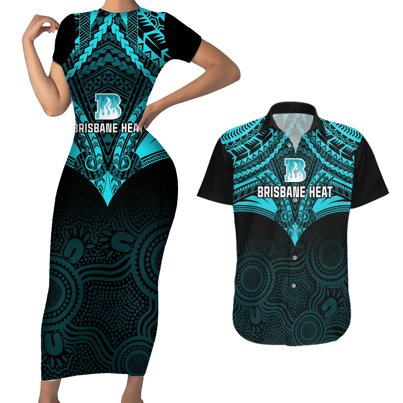 custom-brisbane-heat-cricket-couples-matching-short-sleeve-bodycon-dress-and-hawaiian-shirt-2023-unique-indigenous-art-mix-polynesian-pattern
