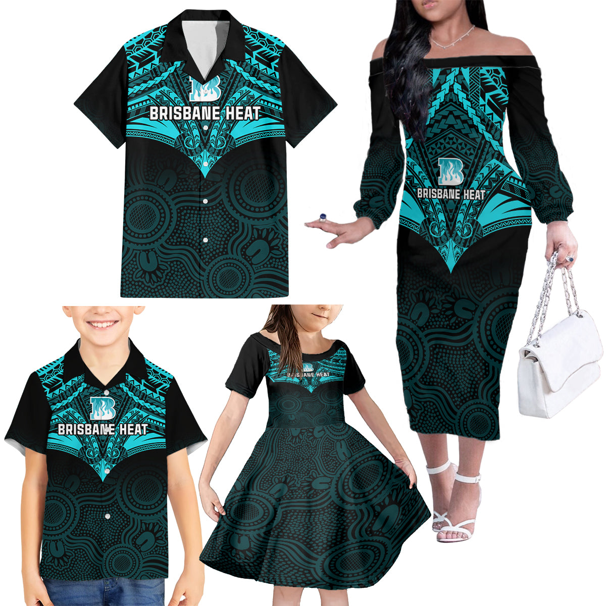 Custom Brisbane Heat Cricket Family Matching Off Shoulder Long Sleeve Dress and Hawaiian Shirt 2023 Unique Indigenous Art Mix Polynesian Pattern LT14