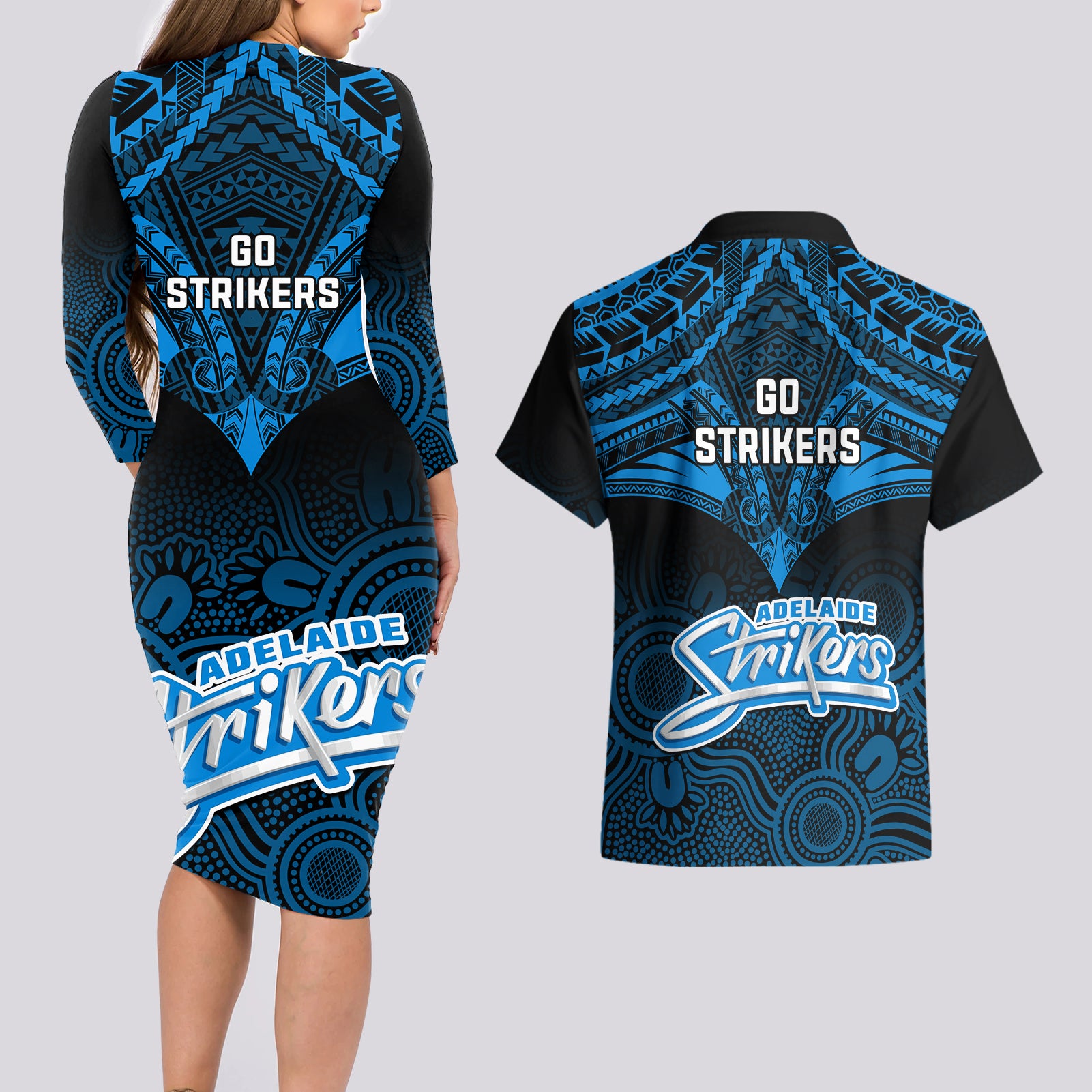 adelaide-strikers-cricket-couples-matching-long-sleeve-bodycon-dress-and-hawaiian-shirt-2023-unique-indigenous-art-mix-polynesian-pattern