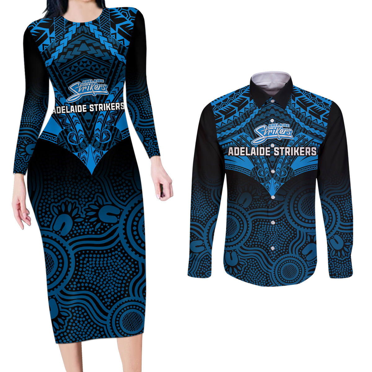 adelaide-strikers-cricket-couples-matching-long-sleeve-bodycon-dress-and-long-sleeve-button-shirts-2023-unique-indigenous-art-mix-polynesian-pattern