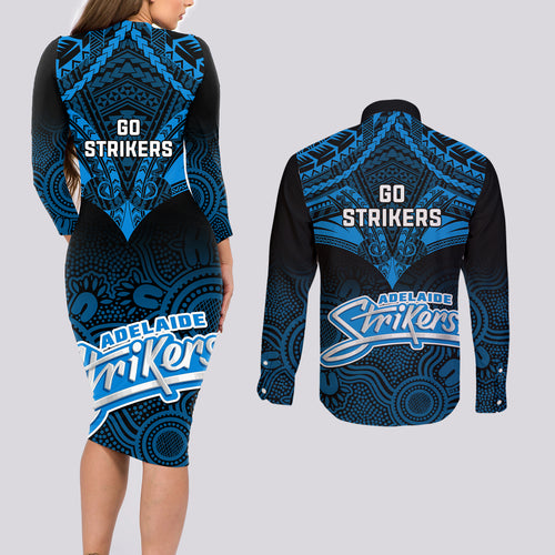 adelaide-strikers-cricket-couples-matching-long-sleeve-bodycon-dress-and-long-sleeve-button-shirts-2023-unique-indigenous-art-mix-polynesian-pattern