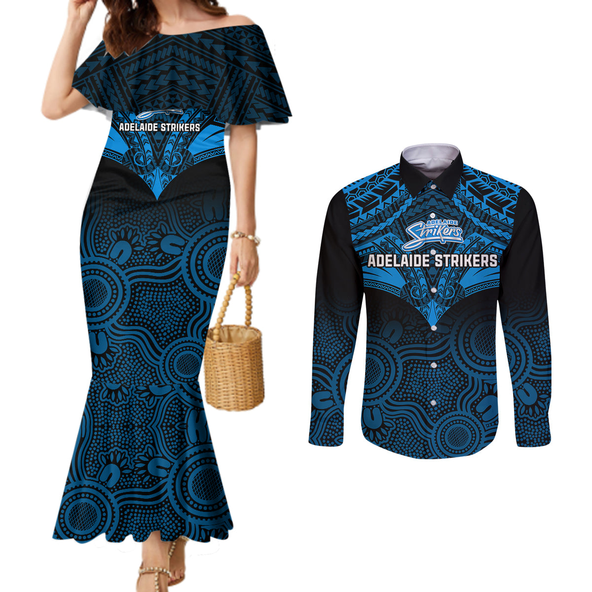 adelaide-strikers-cricket-couples-matching-mermaid-dress-and-long-sleeve-button-shirts-2023-unique-indigenous-art-mix-polynesian-pattern