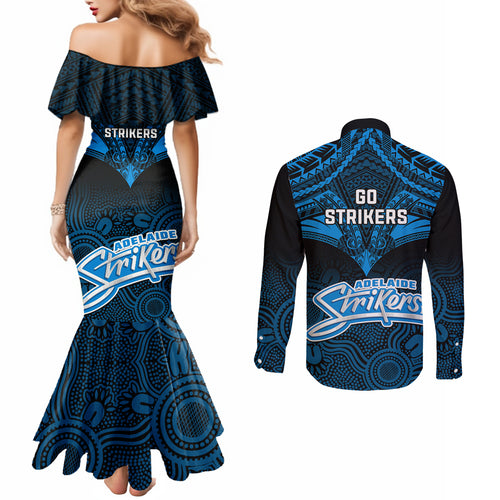 adelaide-strikers-cricket-couples-matching-mermaid-dress-and-long-sleeve-button-shirts-2023-unique-indigenous-art-mix-polynesian-pattern