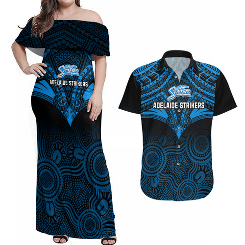 adelaide-strikers-cricket-couples-matching-off-shoulder-maxi-dress-and-hawaiian-shirt-2023-unique-indigenous-art-mix-polynesian-pattern