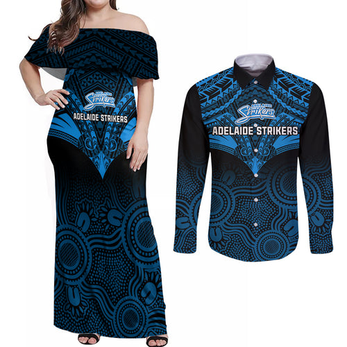 adelaide-strikers-cricket-couples-matching-off-shoulder-maxi-dress-and-long-sleeve-button-shirts-2023-unique-indigenous-art-mix-polynesian-pattern