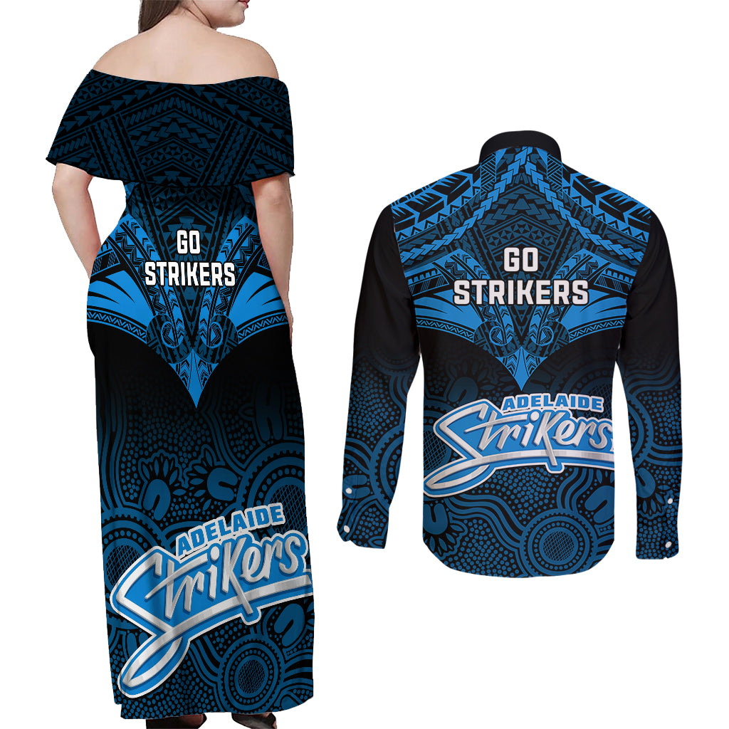 adelaide-strikers-cricket-couples-matching-off-shoulder-maxi-dress-and-long-sleeve-button-shirts-2023-unique-indigenous-art-mix-polynesian-pattern