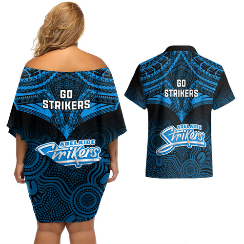 adelaide-strikers-cricket-couples-matching-off-shoulder-short-dress-and-hawaiian-shirt-2023-unique-indigenous-art-mix-polynesian-pattern