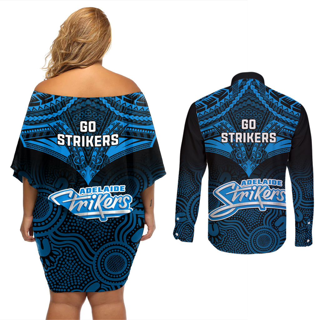 adelaide-strikers-cricket-couples-matching-off-shoulder-short-dress-and-long-sleeve-button-shirts-2023-unique-indigenous-art-mix-polynesian-pattern