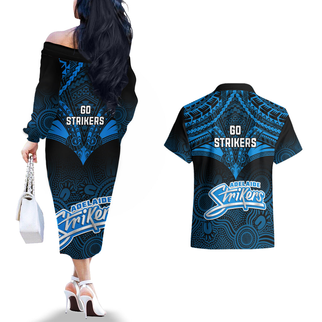 adelaide-strikers-cricket-couples-matching-off-the-shoulder-long-sleeve-dress-and-hawaiian-shirt-2023-unique-indigenous-art-mix-polynesian-pattern