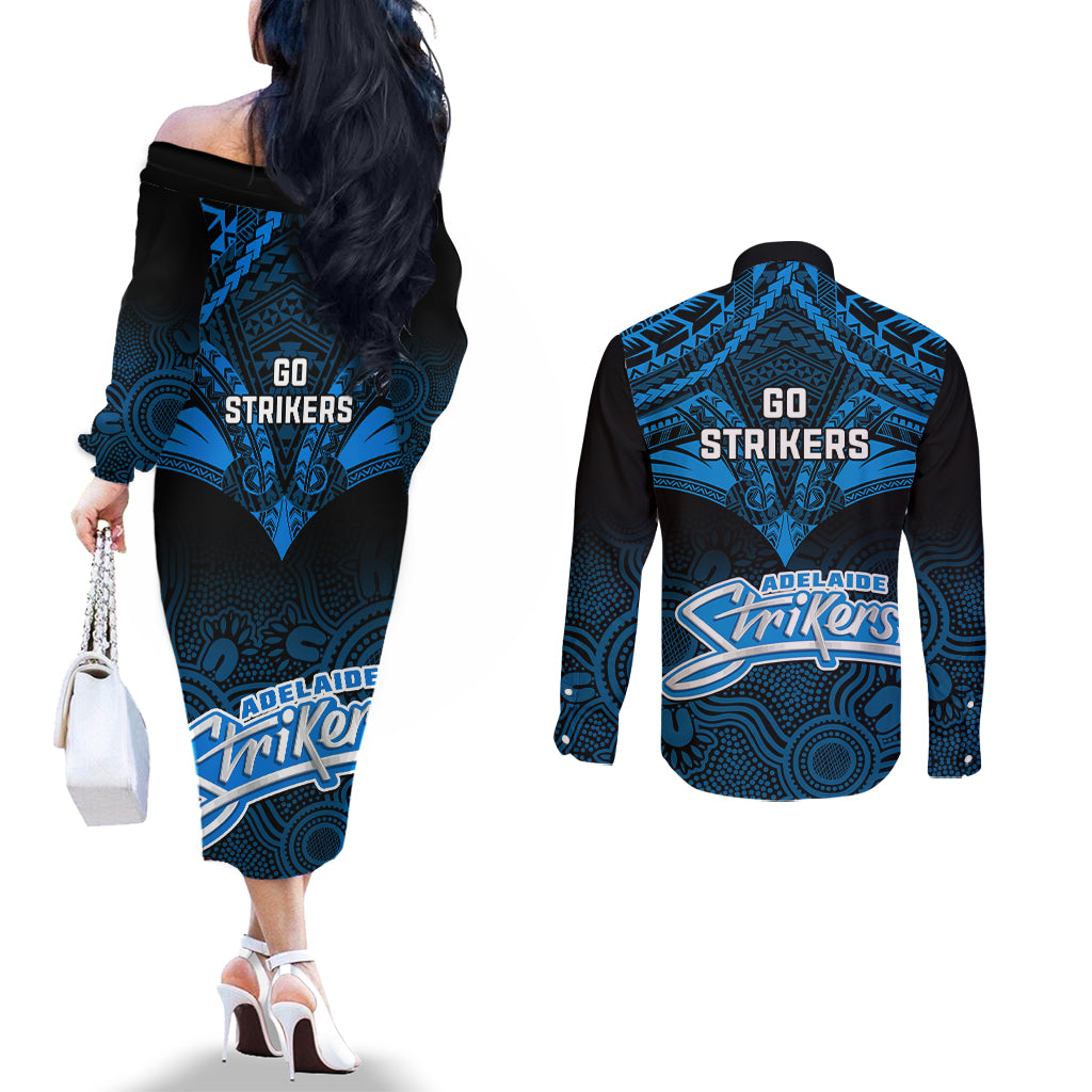 adelaide-strikers-cricket-couples-matching-off-the-shoulder-long-sleeve-dress-and-long-sleeve-button-shirts-2023-unique-indigenous-art-mix-polynesian-pattern