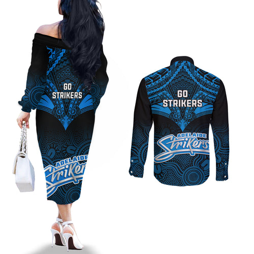 adelaide-strikers-cricket-couples-matching-off-the-shoulder-long-sleeve-dress-and-long-sleeve-button-shirts-2023-unique-indigenous-art-mix-polynesian-pattern