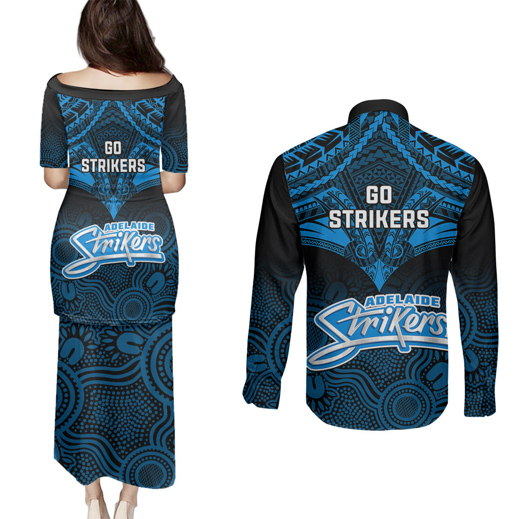 adelaide-strikers-cricket-couples-matching-puletasi-dress-and-long-sleeve-button-shirts-2023-unique-indigenous-art-mix-polynesian-pattern
