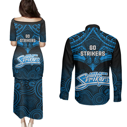 adelaide-strikers-cricket-couples-matching-puletasi-dress-and-long-sleeve-button-shirts-2023-unique-indigenous-art-mix-polynesian-pattern