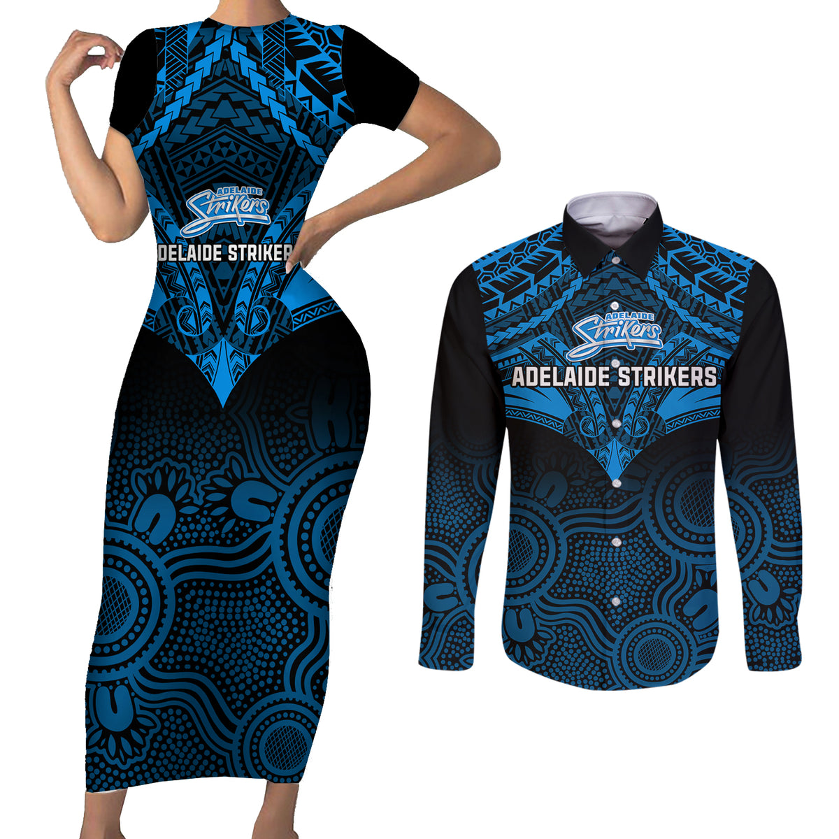 adelaide-strikers-cricket-couples-matching-short-sleeve-bodycon-dress-and-long-sleeve-button-shirts-2023-unique-indigenous-art-mix-polynesian-pattern