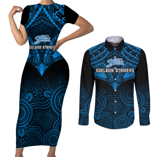 adelaide-strikers-cricket-couples-matching-short-sleeve-bodycon-dress-and-long-sleeve-button-shirts-2023-unique-indigenous-art-mix-polynesian-pattern