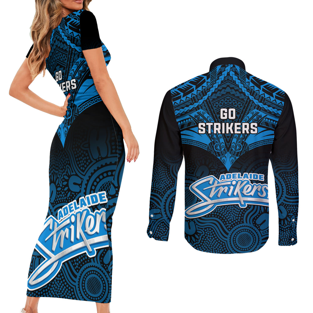 adelaide-strikers-cricket-couples-matching-short-sleeve-bodycon-dress-and-long-sleeve-button-shirts-2023-unique-indigenous-art-mix-polynesian-pattern