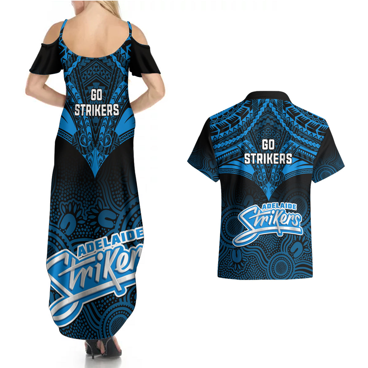 adelaide-strikers-cricket-couples-matching-summer-maxi-dress-and-hawaiian-shirt-2023-unique-indigenous-art-mix-polynesian-pattern