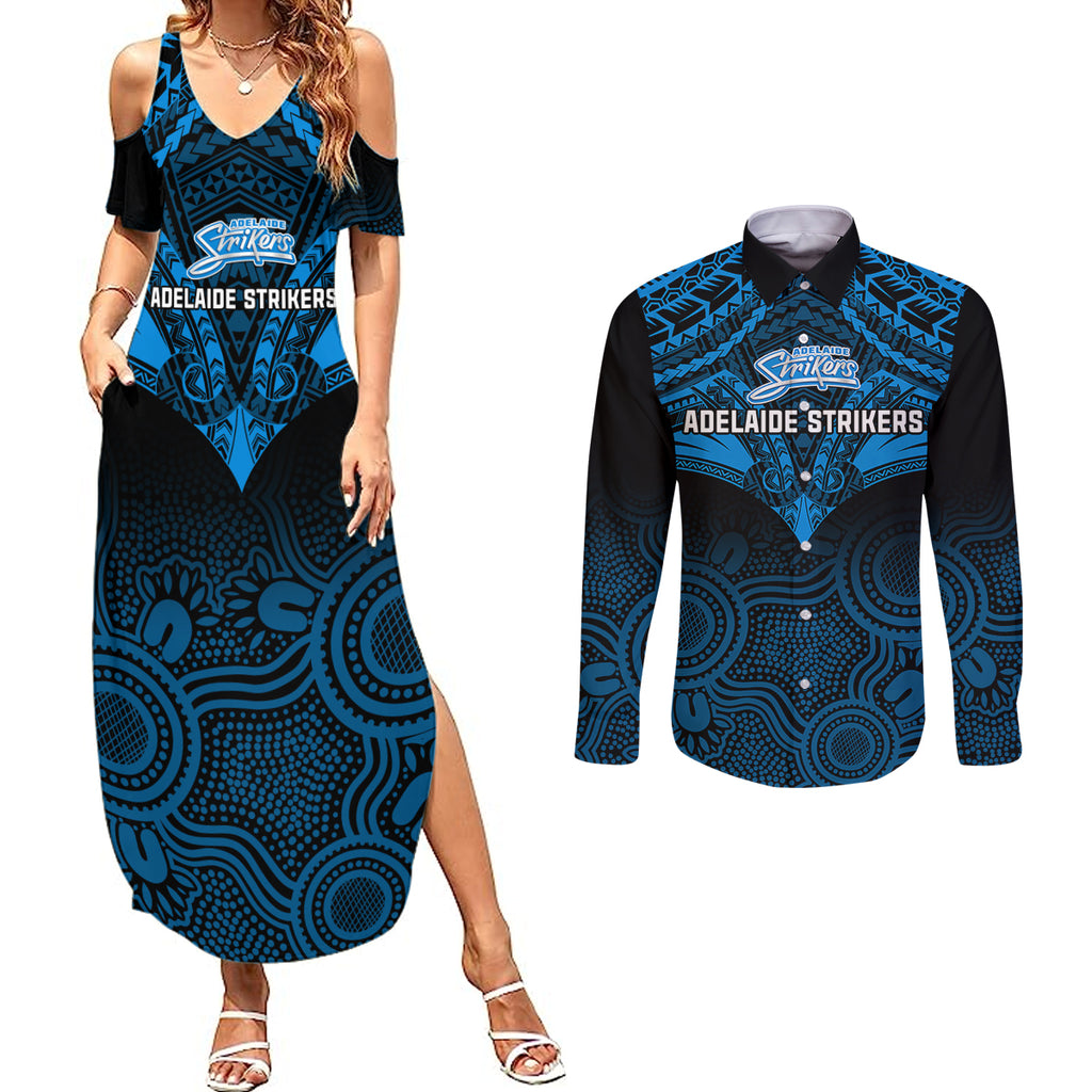 adelaide-strikers-cricket-couples-matching-summer-maxi-dress-and-long-sleeve-button-shirts-2023-unique-indigenous-art-mix-polynesian-pattern
