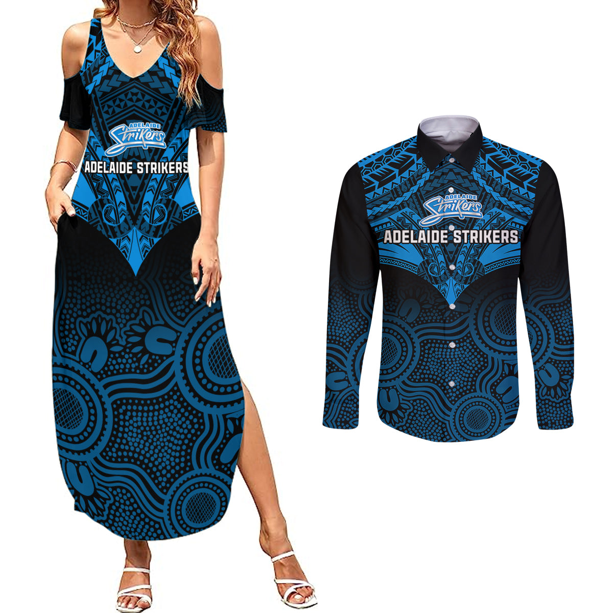adelaide-strikers-cricket-couples-matching-summer-maxi-dress-and-long-sleeve-button-shirts-2023-unique-indigenous-art-mix-polynesian-pattern