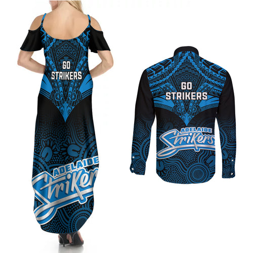 adelaide-strikers-cricket-couples-matching-summer-maxi-dress-and-long-sleeve-button-shirts-2023-unique-indigenous-art-mix-polynesian-pattern