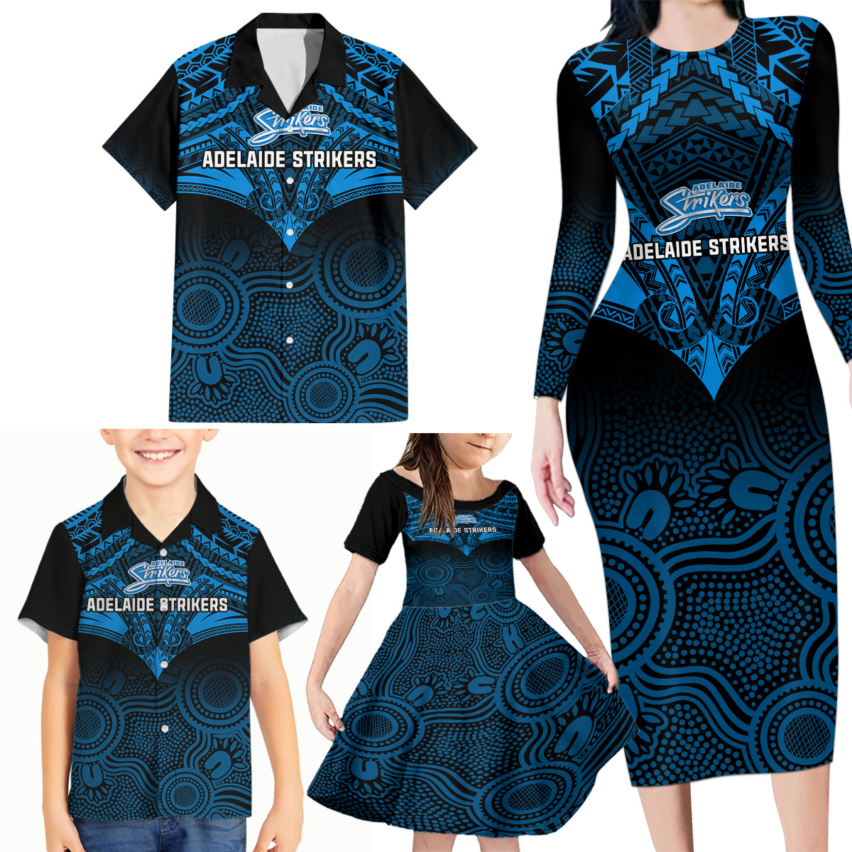 adelaide-strikers-cricket-family-matching-long-sleeve-bodycon-dress-and-hawaiian-shirt-2023-unique-indigenous-art-mix-polynesian-pattern