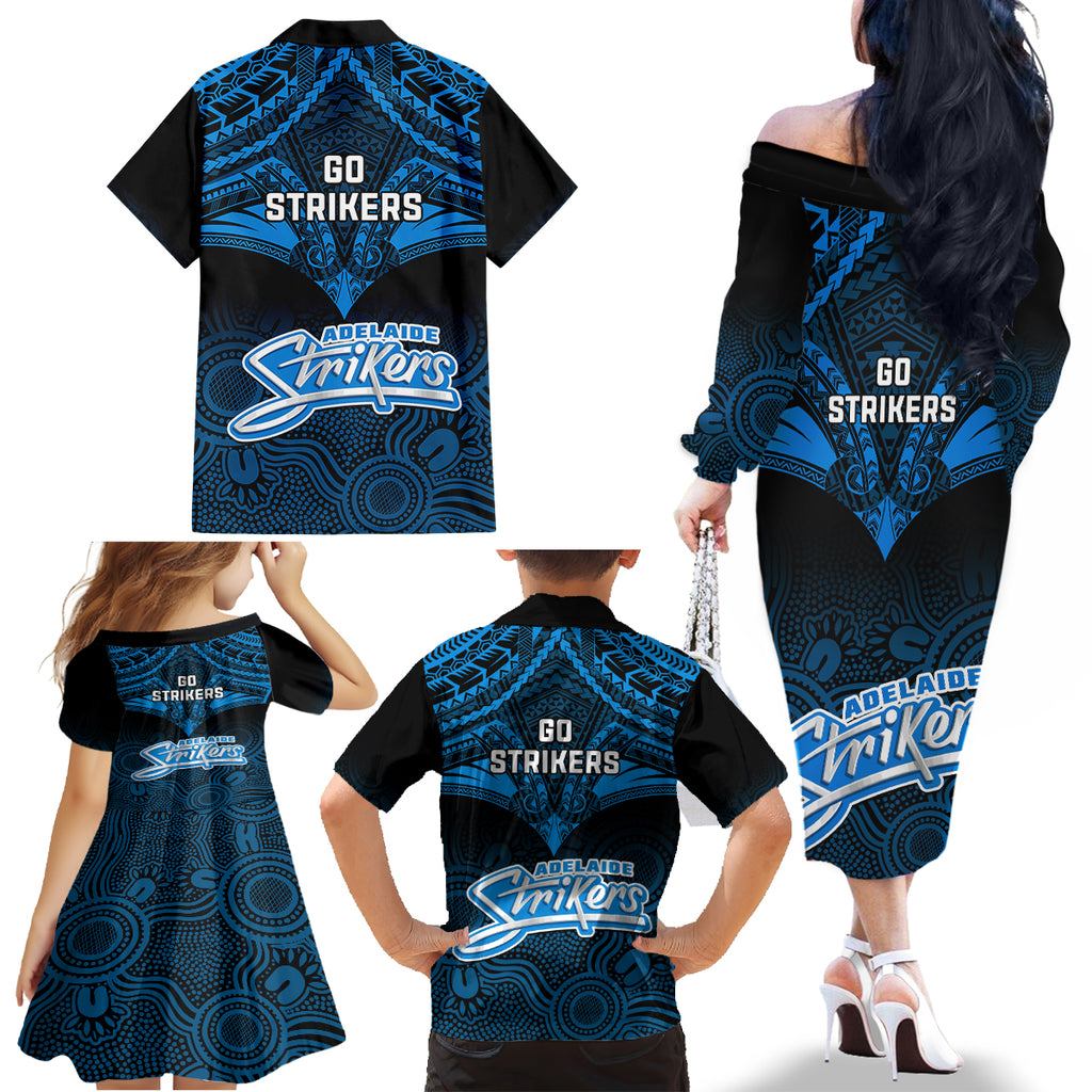 Adelaide Strikers Cricket Family Matching Off Shoulder Long Sleeve Dress and Hawaiian Shirt 2023 Unique Indigenous Art Mix Polynesian Pattern LT14