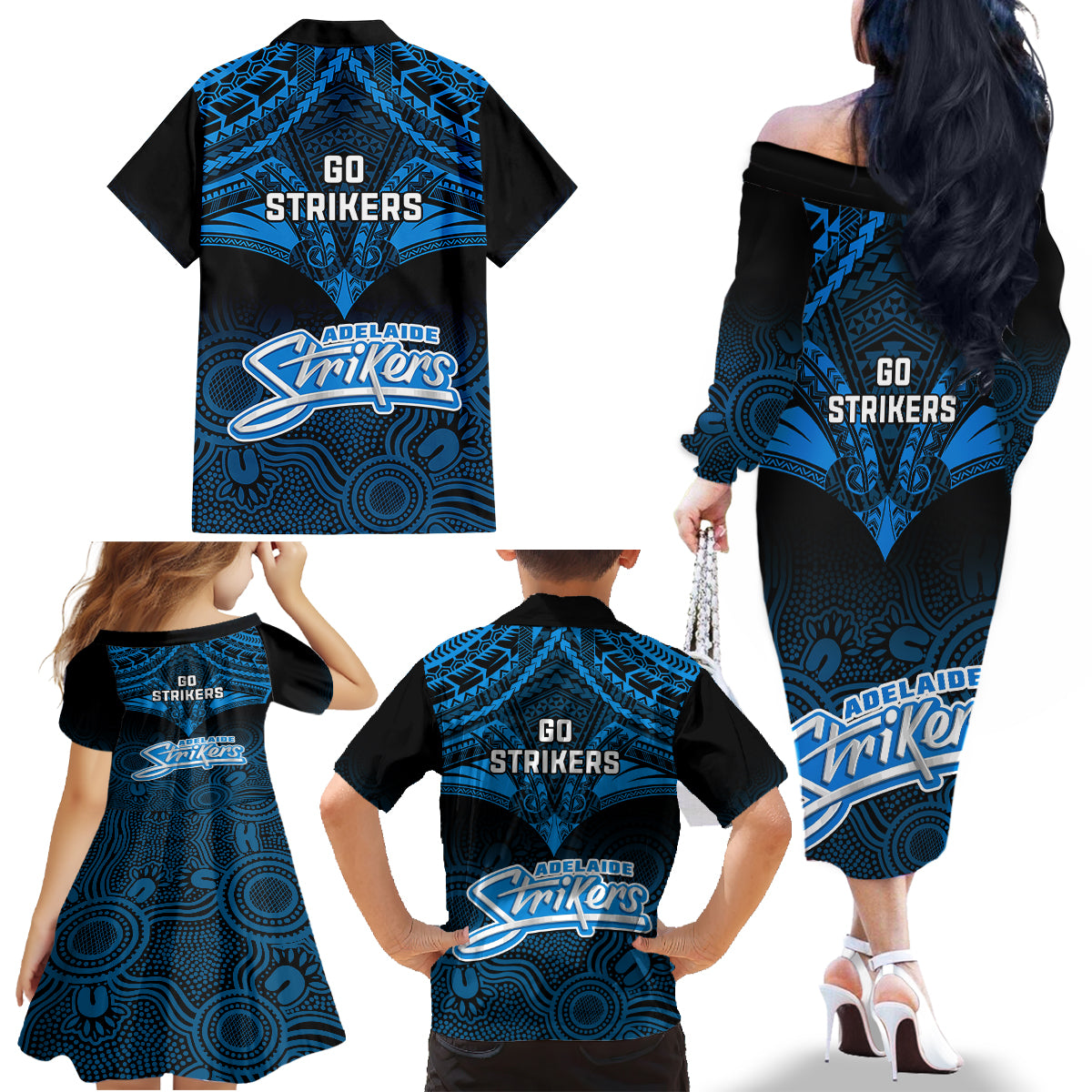 Adelaide Strikers Cricket Family Matching Off Shoulder Long Sleeve Dress and Hawaiian Shirt 2023 Unique Indigenous Art Mix Polynesian Pattern LT14