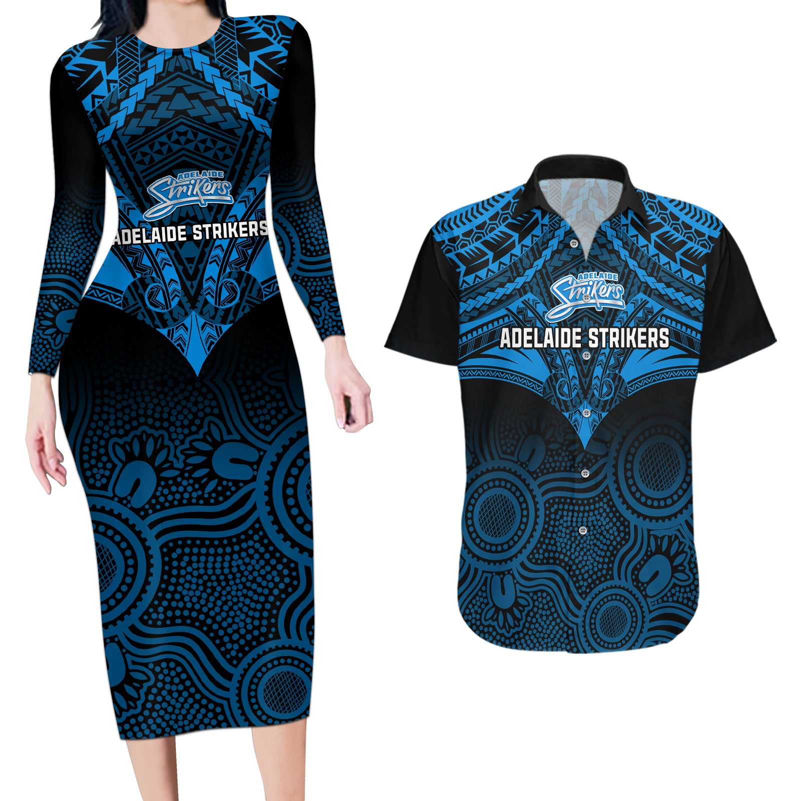 custom-adelaide-strikers-cricket-couples-matching-long-sleeve-bodycon-dress-and-hawaiian-shirt-2023-unique-indigenous-art-mix-polynesian-pattern