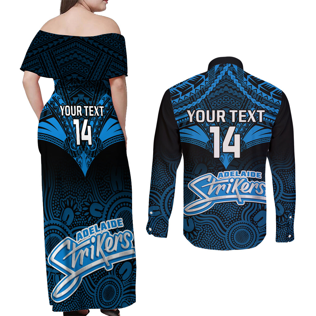 custom-adelaide-strikers-cricket-couples-matching-off-shoulder-maxi-dress-and-long-sleeve-button-shirts-2023-unique-indigenous-art-mix-polynesian-pattern