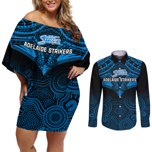custom-adelaide-strikers-cricket-couples-matching-off-shoulder-short-dress-and-long-sleeve-button-shirts-2023-unique-indigenous-art-mix-polynesian-pattern